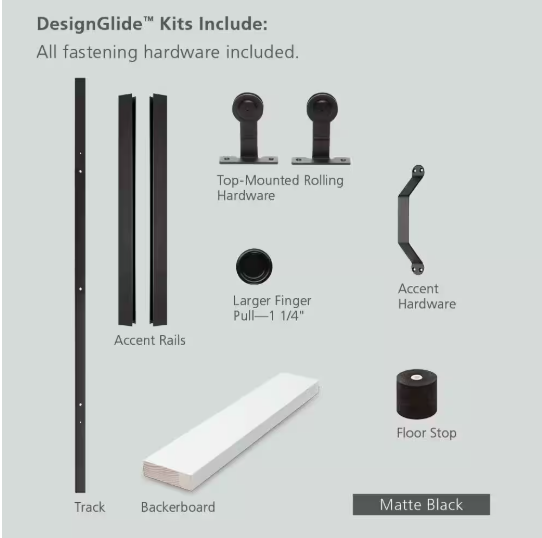 DesignGlide Farmhouse Unfinished Solid Wood 36 in. x 80 in. W Black Hardware Kit