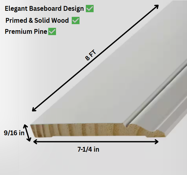9/16 in. x 7-1/4 in. x 8-ft Primed Pine Baseboard Moulding Trim (Pack of 4)