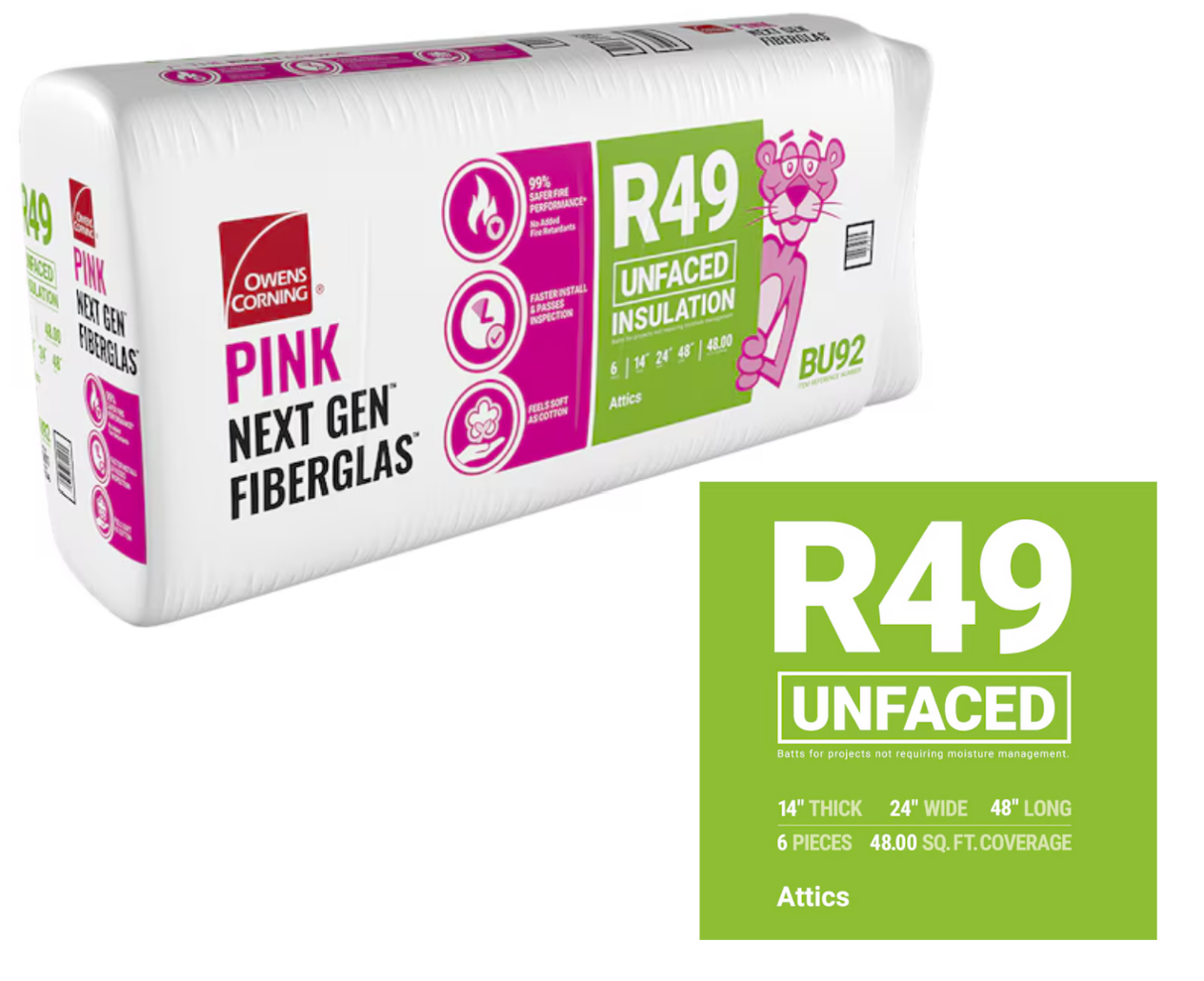 Owens Corning R-49 Attic Unfaced Fiberglass Batt Insulation 48-sq ft (24-in W x 48-in L)
