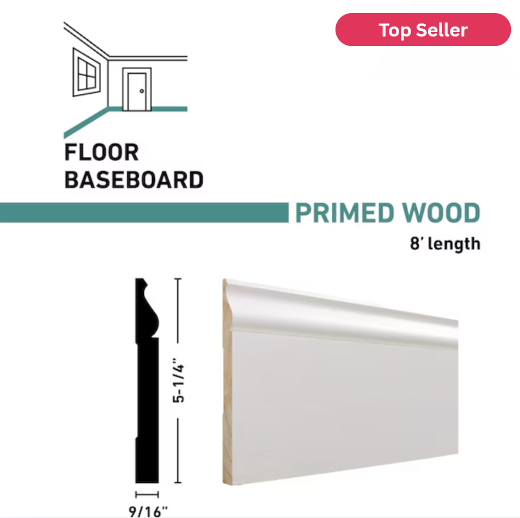 9/16-in x 5-1/4-in x 8-ft Colonial Primed Pine Baseboard Moulding Trim (Pack of 8)