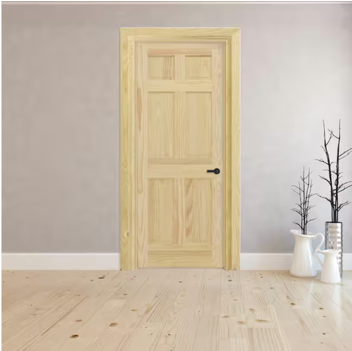 28inX80in. Left-Handed 6-Panel Solid Core Unfinished Clear Pine Single Prehung Interior Door