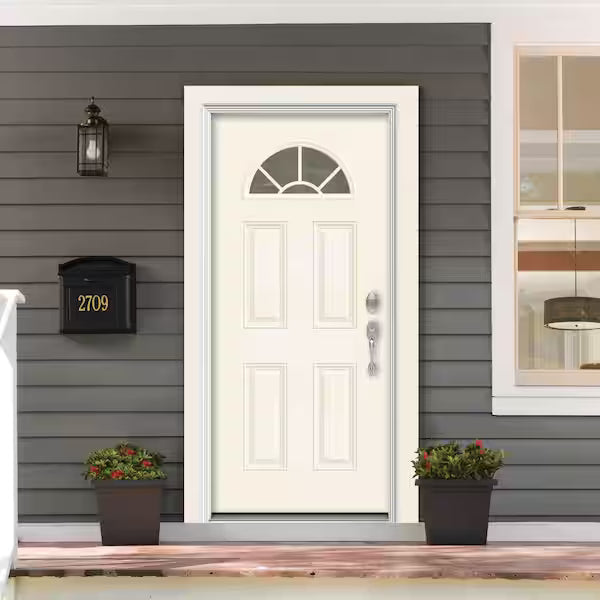 32 in. X 80 in. fan lite primed Left-Handed/inswing fiberglass prehung front door grid or no grid