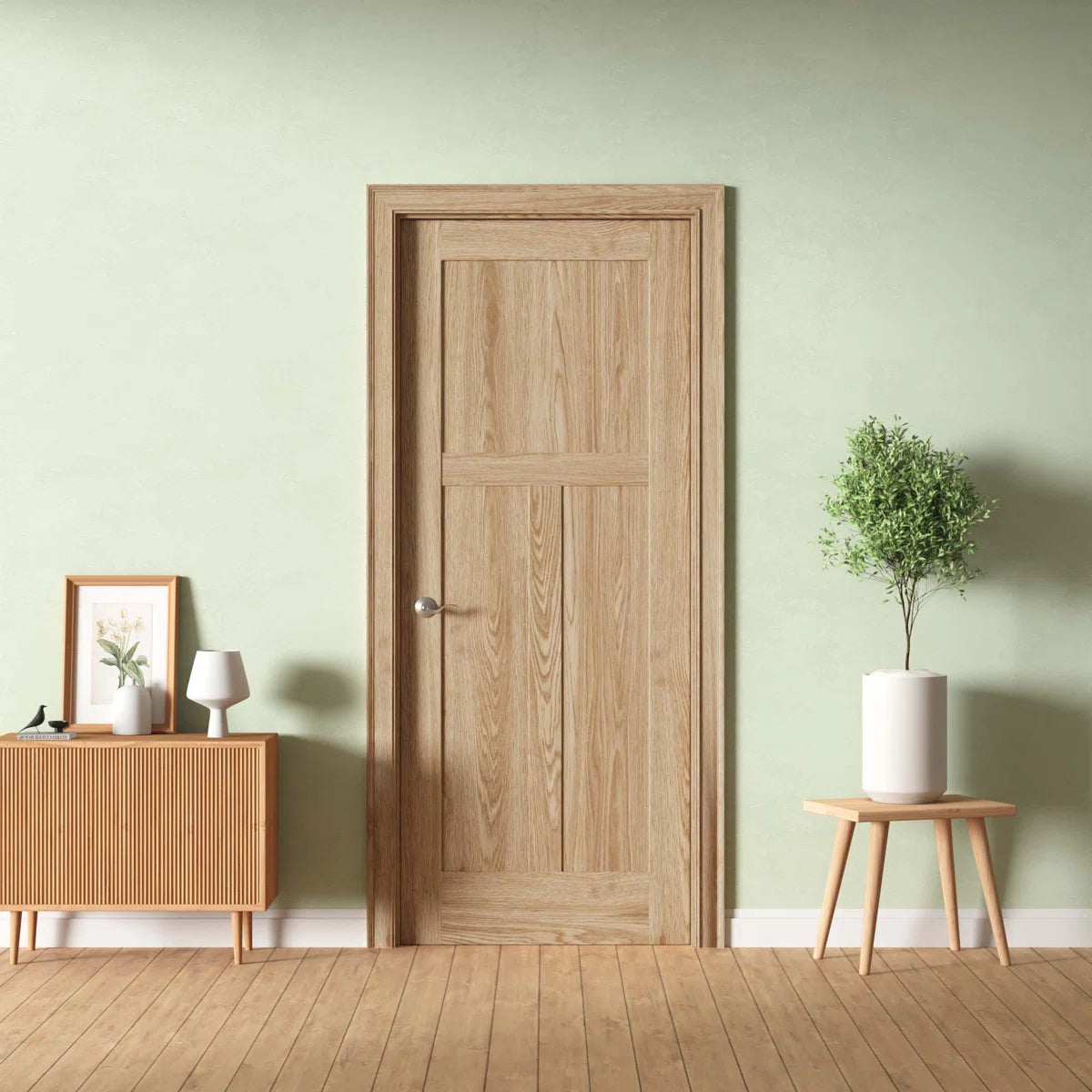 28inX80in. Right-Handed 3-Panel craftsman Solid Core Unfinished Clear Pine Single Prehung Interior Door