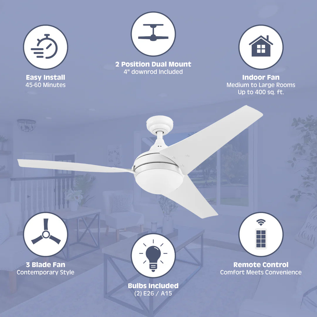 Prominence Home Maxon, 52 Inch Indoor Ceiling Fan with LED Light, Remote Control, 3 Modern High Performance Blades, Reversible Airflow - White