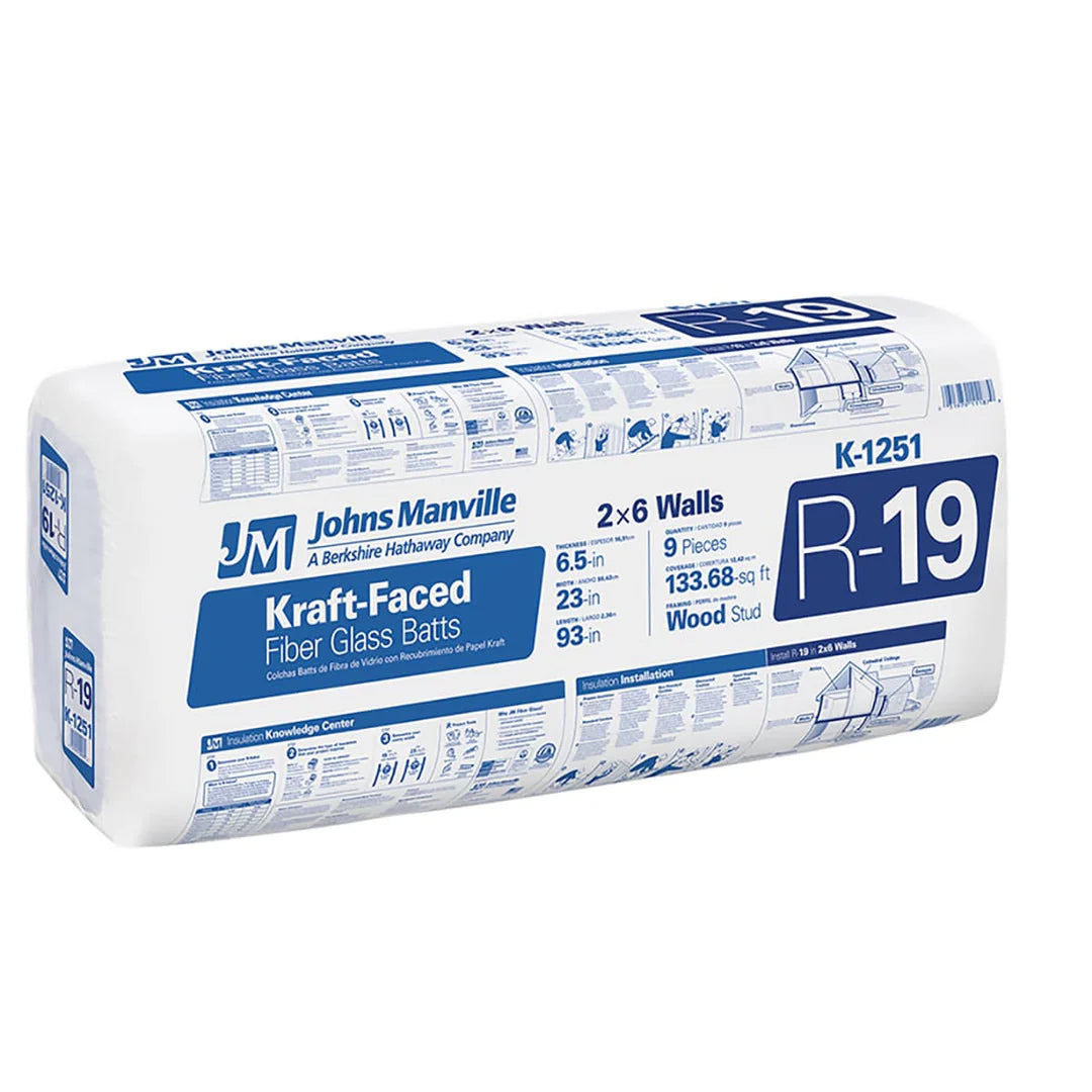 Johns Manville R-19 Kraft-Faced Fiberglass Batt Insulation, 23 in x 93 in (133.68 sq ft)
