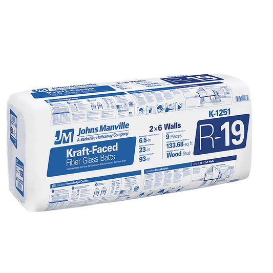 Johns Manville R-19 Kraft-Faced Fiberglass Batt Insulation, 23 in x 93 in (133.68 sq ft)