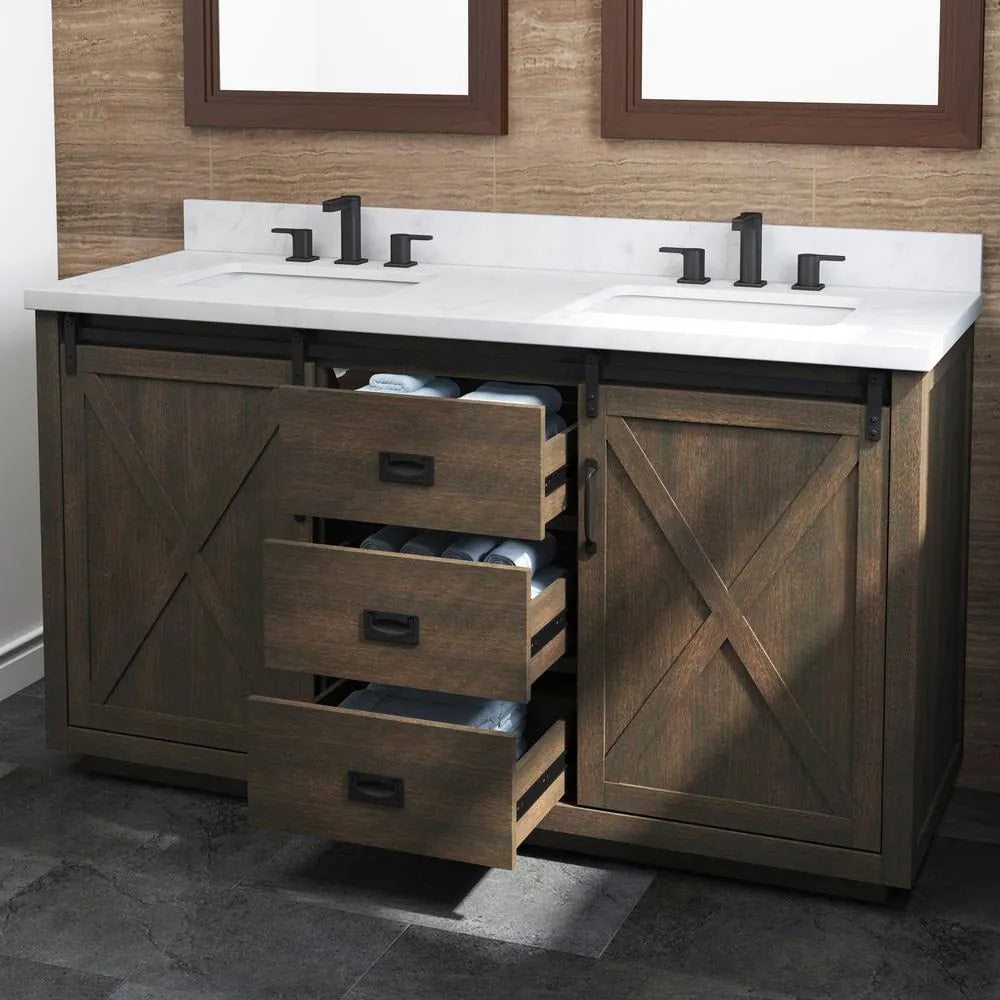 Hawkley 60in Java Dual Sink Barn Door Bathroom Vanity