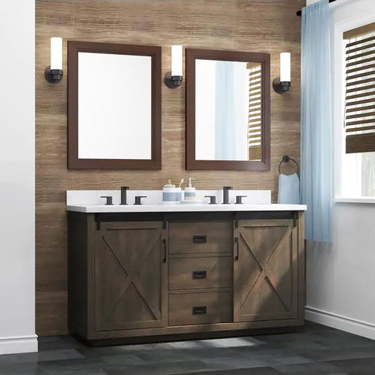 Hawkley 60in Java Dual Sink Barn Door Bathroom Vanity