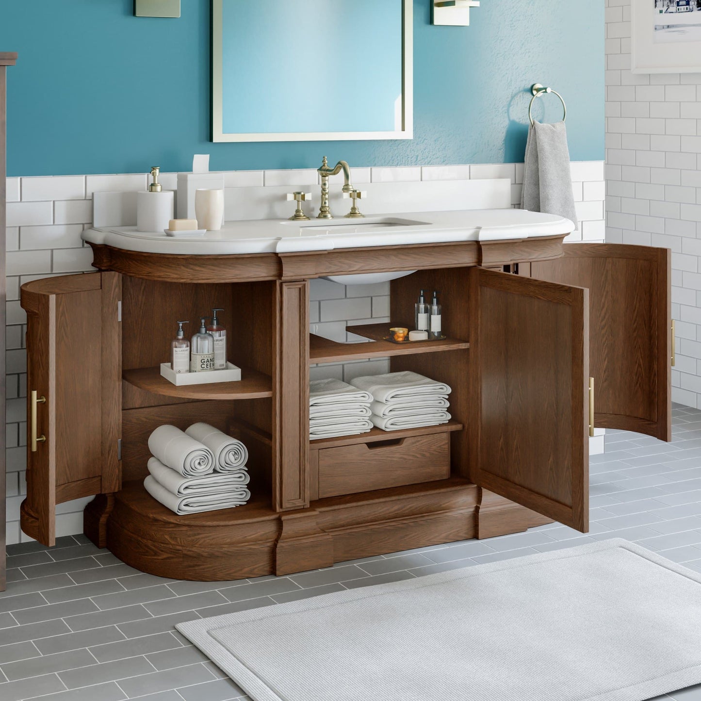 Lancaster 60in Oak Single Sink Bathroom Vanity