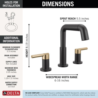 Delta Nicoli Matte Black/Brushed Gold Bathroom Faucet with Sprayer, 8 Inch