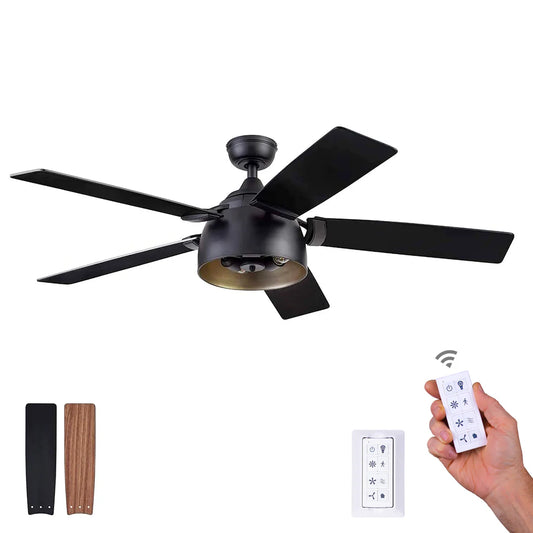 Prominence Home Octavia, 52 Inch Industrial Style LED Ceiling Fan with Light, Remote Control, Dual Mounting Options, 5 Dual Finish Blades, Reversible Motor - 51479-01 (Matte Black)