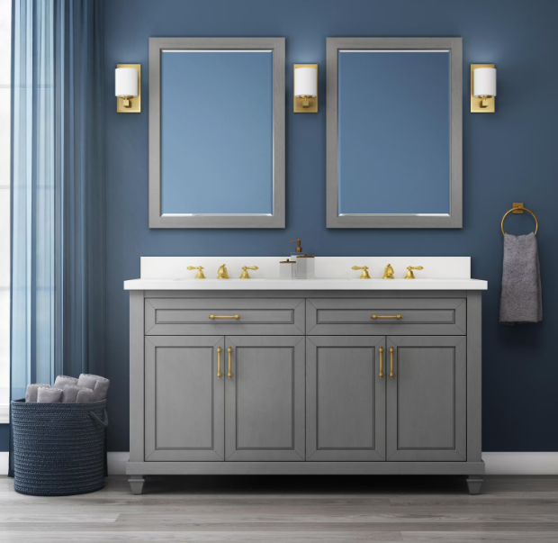 Grovehurst 60 in. W x 20 in. D x 35 in. H Double Sink Freestanding Bath Vanity in Gray with White Engineered Stone Top