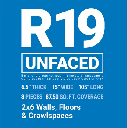 Owens Corning R-19 Unfaced Fiberglass Insulation Batt 87.5 Sq. ft (15 in. x 105 in.) 1 Bag
