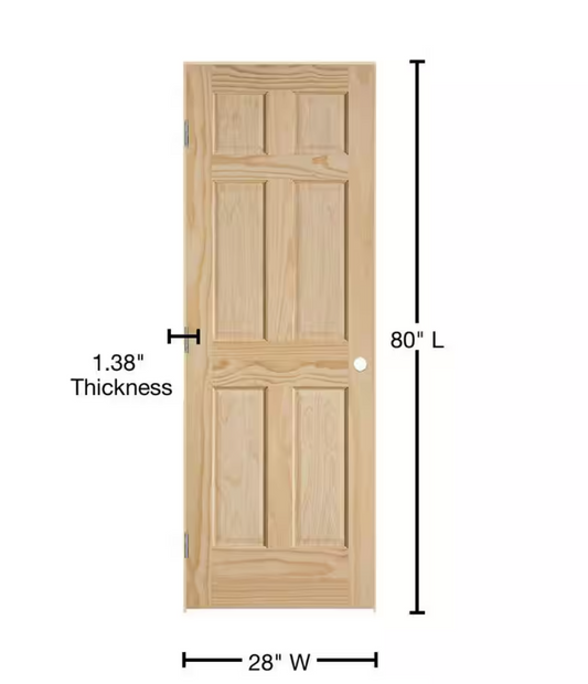 28inX80in. Left-Handed 6-Panel Solid Core Unfinished Clear Pine Single Prehung Interior Door