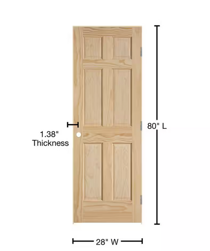 28inX80in. Right-Handed 6-Panel Solid Core Unfinished Clear Pine Single Prehung Interior Door