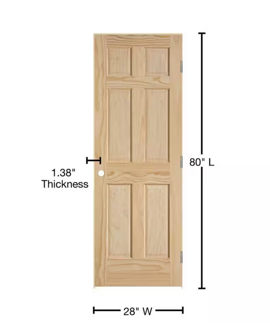 28inX80in. Right-Handed 6-Panel Solid Core Unfinished Clear Pine Single Prehung Interior Door
