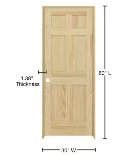 30inX80in. Right-Handed 6-Panel Solid Core Unfinished Clear Pine Single Prehung Interior Door