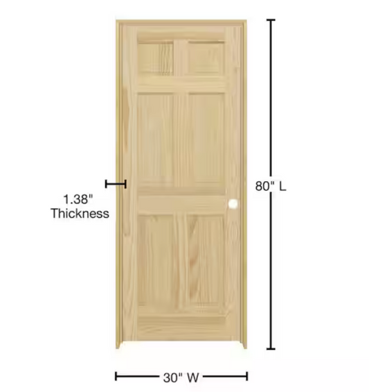 30inX80in. Left-Handed 6-Panel Solid Core Unfinished Clear Pine Single Prehung Interior Door
