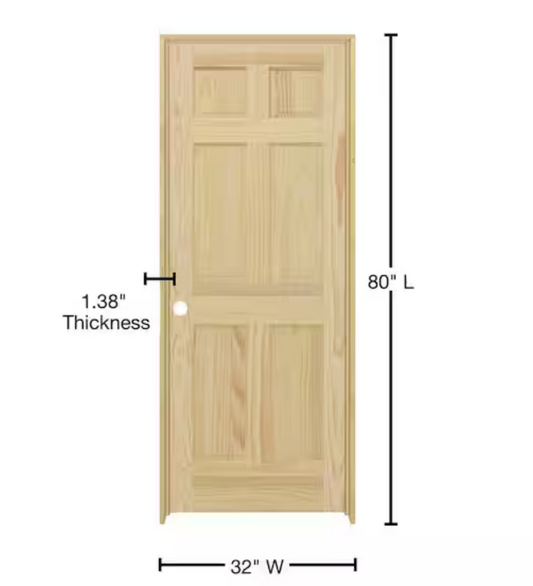 32inX80in. Right-Handed 6-Panel Solid Core Unfinished Clear Pine Single Prehung Interior Door