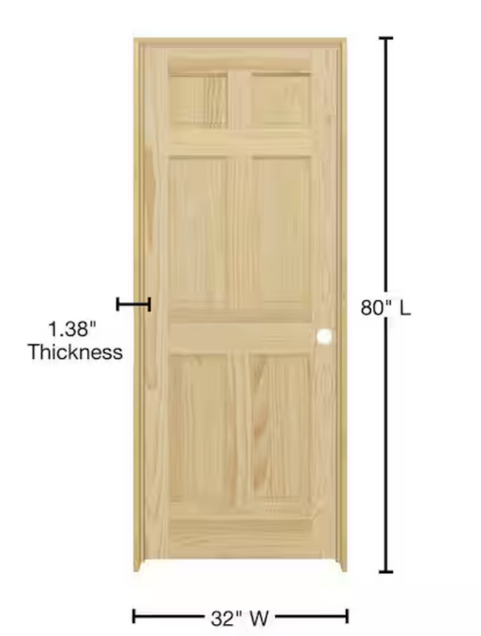 32inX80in. Left-Handed 6-Panel Solid Core Unfinished Clear Pine Single Prehung Interior Door