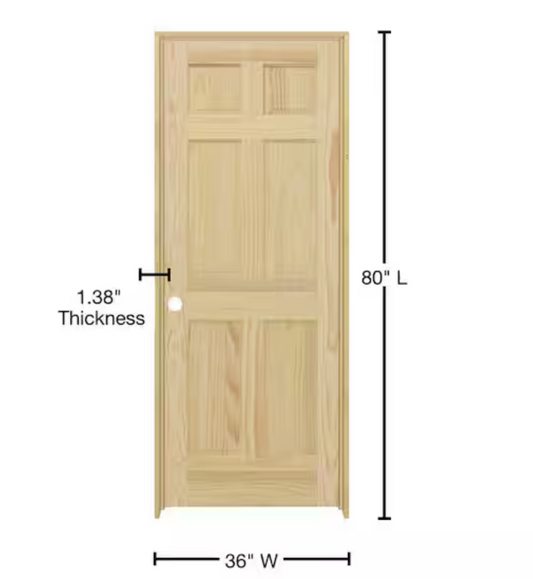 36inX80in. Right-Handed 6-Panel Solid Core Unfinished Clear Pine Single Prehung Interior Door