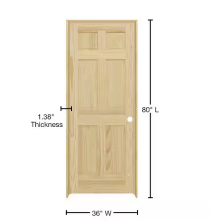 36inX80in. Left-Handed 6-Panel Solid Core Unfinished Clear Pine Single Prehung Interior Door