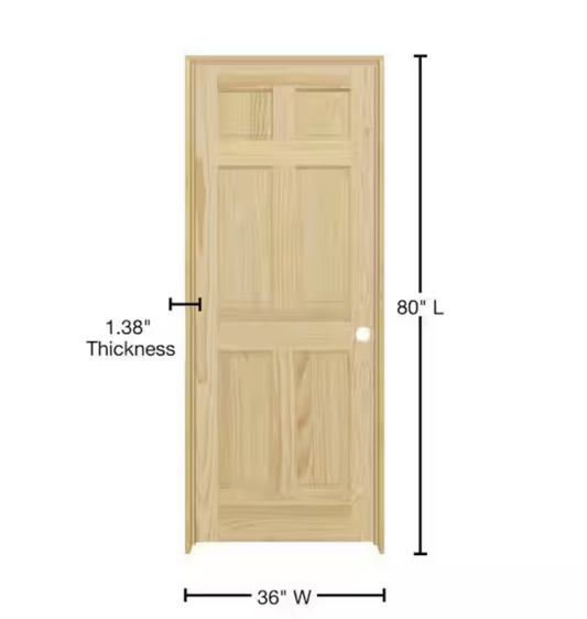 36inX80in. Left-Handed 6-Panel Solid Core Unfinished Clear Pine Single Prehung Interior Door