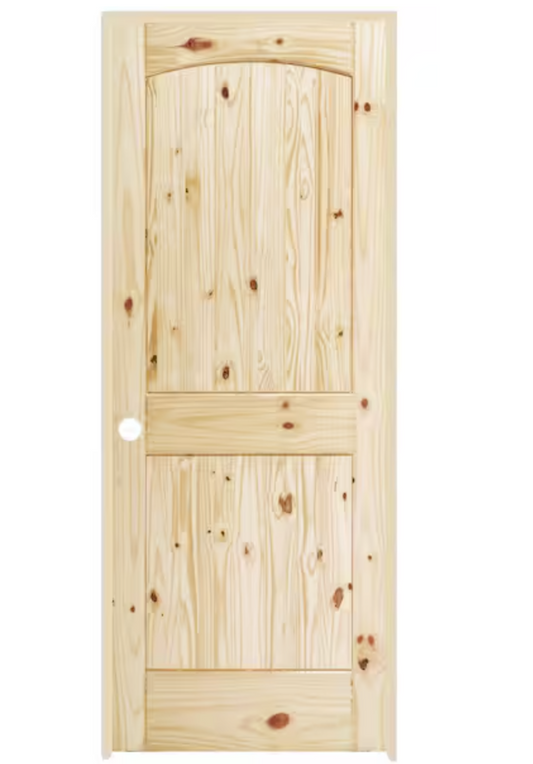 36in. x 80 in. Right-Handed 2-Panel Archtop Plank Unfinished Knotty Pine Single Prehung Interior Door