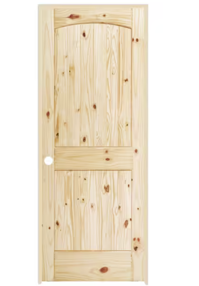28in. x 80 in. Right-Handed 2-Panel Archtop Plank Unfinished Knotty Pine Single Prehung Interior Door