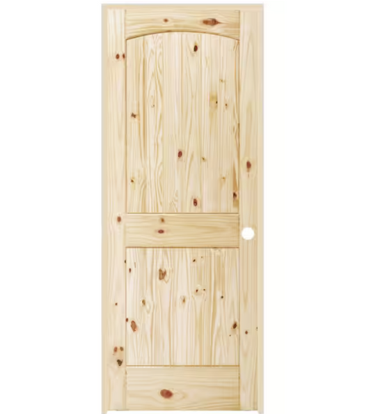 30in. x 80 in. Left-Handed 2-Panel Archtop Plank Unfinished Knotty Pine Single Prehung Interior Door