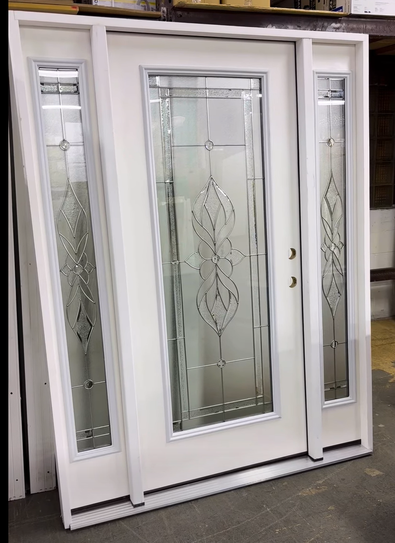 64 in. x 80in. Decorative Full Lite Unfinished Smooth Left-Handed Fiberglass Prehung Front Door w/Sidelites