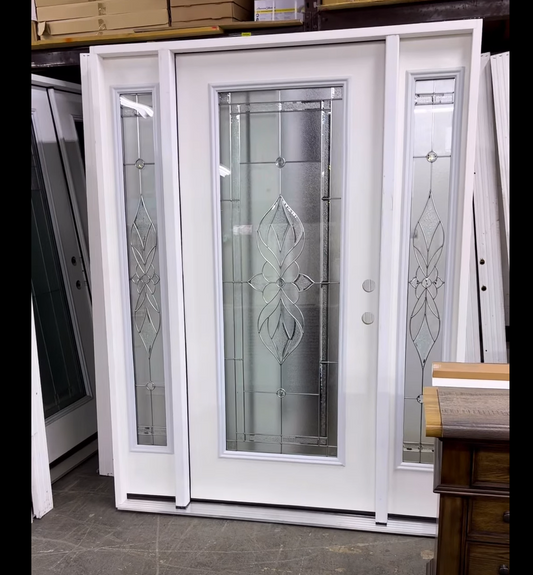64 in. x 80in. Decorative Full Lite Unfinished Smooth Left-Handed Fiberglass Prehung Front Door w/Sidelites