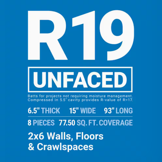 Owens Corning R-19 Unfaced Fiberglass Insulation 77.5 Sq.ft (15 in x 93 in) Pack of 5
