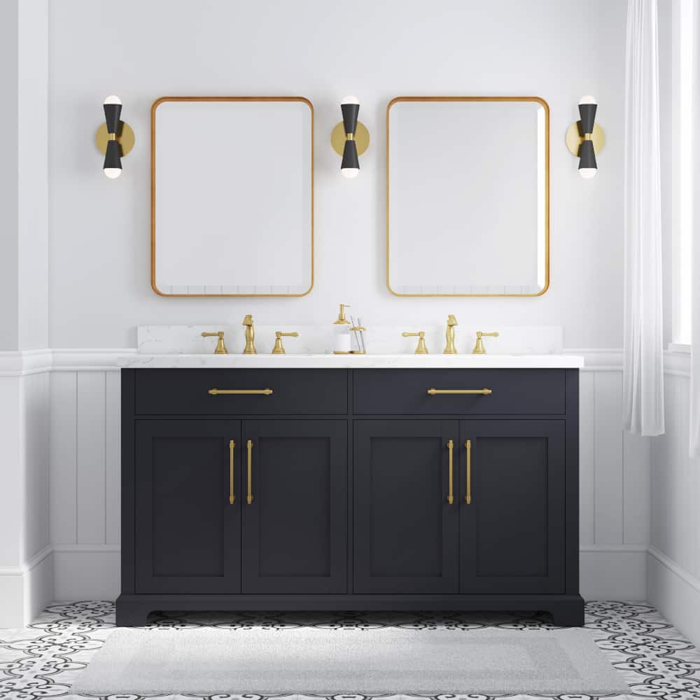 60in Onyx Black And Brass Dual Sink Bathroom Vanity