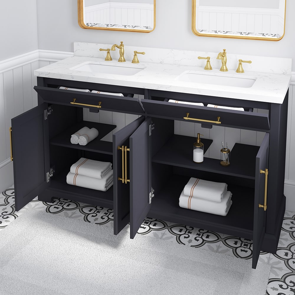 60in Onyx Black And Brass Dual Sink Bathroom Vanity