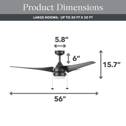 Better Homes & Gardens 56” Black Indoor/Outdoor Ceiling Fan with 3 Blades, Light Kit, Pull Chains & Reverse Airflow