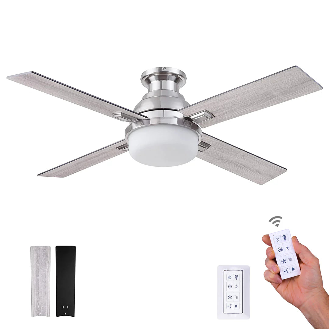 Prominence Home Kyrra, 52 Inch Contemporary Indoor Semi Flush Mount LED Ceiling Fan with Light, Remote Control, Dual Finish Blades, Reversible Motor - 51678-01 (Brushed Nickel)